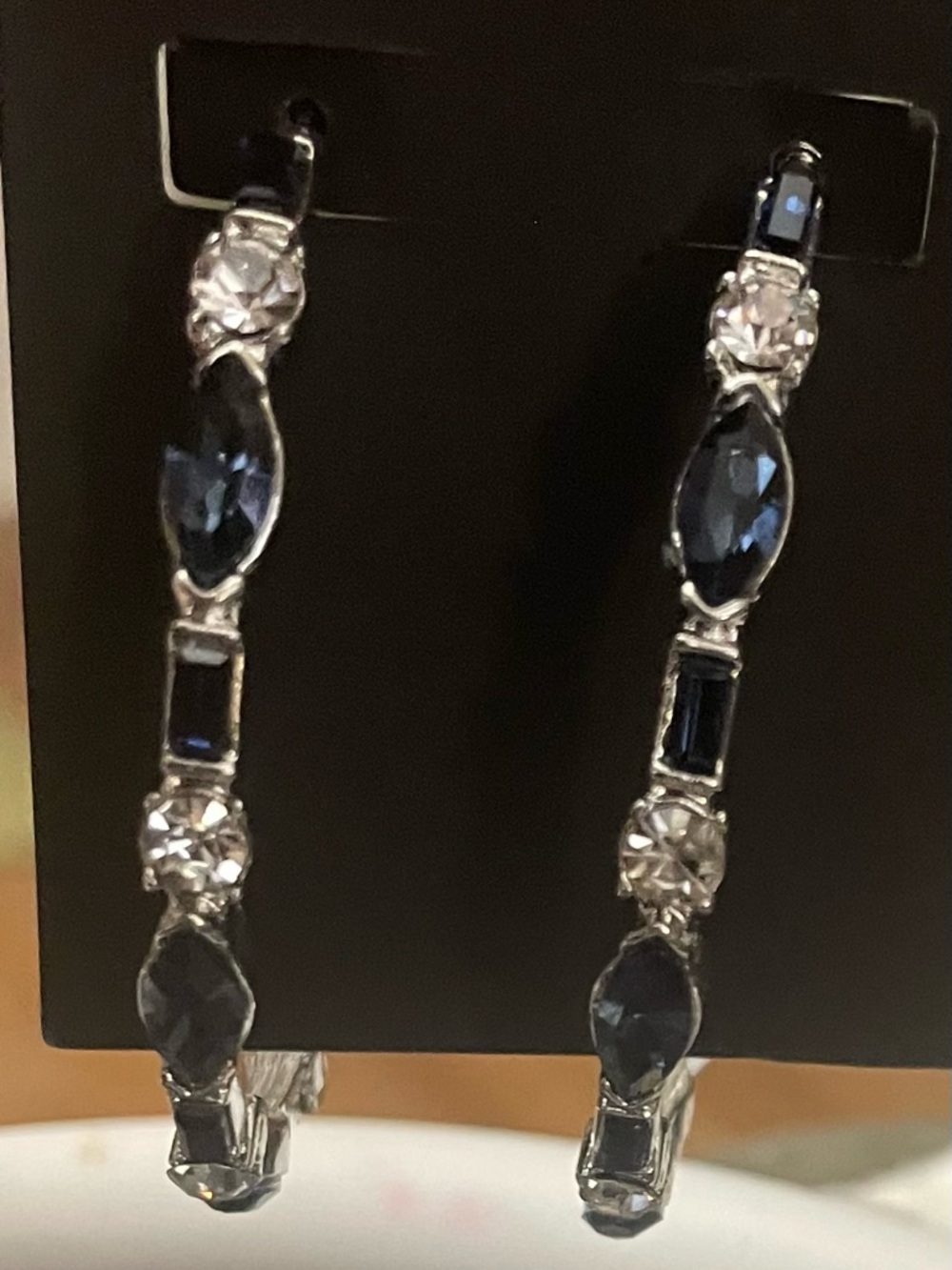 Silver-Tone Hoop Earrings with Blue and Clear Stones NEW
